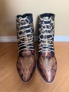 JustFab Embroidered Lace-Up Ankle Boots in Black, Gold, Pink